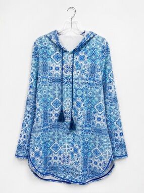 AQUA Et SOL Swimsuit Cover Up Tassel Tie Stretchy Quick Dry Ikat Blue White M